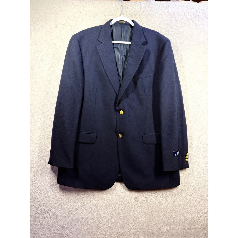 Stafford Hopsack Blazer Mens 46L Navy Blue Gold Crest Button Wool Blend Coat